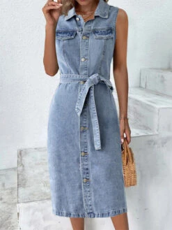 Women's Denim Dress Denim Shirt Dress Midi Dress Denim Fashion Modern Outdoor Daily Vacation Shirt Collar Lace Up Button Sleeveless Summer Spring 2023 Loose Fit Blue Plain S M L XL 2XL