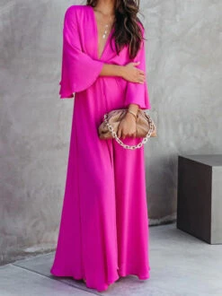 Women's Long Dress Maxi Dress Party Dress Swing Dress Pure Color Fashion Elegant Dress Party Date Vacation Split 3/4 Length Sleeve V Neck Dress Regular Fit Dark Pink Fall XS S M L XL -Slay Clothing Shop 344c17f2 dffc 423f 8da7 2f0bccc89133