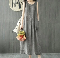 Women's Casual Dress Cotton Linen Dress Shift Dress Maxi Long Dress Cotton Blend Casual Daily Holiday Vacation Crew Neck Pocket Cold Shoulder Sleeveless Summer Spring 2023 Regular Fit Black Gray Pure -Slay Clothing Shop 34f2cb6c aa9f 4091 9f98 92bad5762442