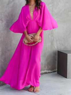 Women's Long Dress Maxi Dress Party Dress Swing Dress Pure Color Fashion Elegant Dress Party Date Vacation Split 3/4 Length Sleeve V Neck Dress Regular Fit Dark Pink Fall XS S M L XL