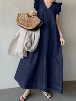 Women's Denim Dress Swing Dress Maxi Long Dress Denim Fashion Casual Outdoor Daily Vacation V Neck Pocket Short Sleeve Summer Spring 2023 Regular Fit Black Navy Blue Sky Blue Pure Color S M L XL 2XL -Slay Clothing Shop 35bbf3de e995 41de be2d ed8667215318