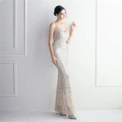 Mermaid / Trumpet Evening Gown Sparkle & Shine Dress Formal Wedding Guest Floor Length Short Sleeve Spaghetti Strap Polyester With Beading Sequin 2024 -Slay Clothing Shop 36278961 b1e2 47d6 8689 964e4ba3e369