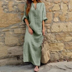 Women's Cotton Linen Maxi Tartan Dress Casual Split Neck Rolled Cuff Long Sleeve Spring Summer -Slay Clothing Shop 382b64d7 c77d 460b a42d 931b63f6b23c