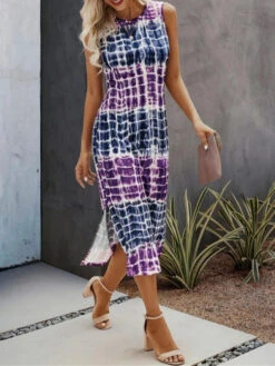Women's Tank Dress Summer Dress Plaid Tie Dye Print Split Crew Neck Midi Dress Fashion Streetwear Outdoor Daily Sleeveless Regular Fit Yellow Red Blue Summer Spring S M L XL XXL -Slay Clothing Shop 38a6d4a4 37b2 429a 936e f5971e4b149b
