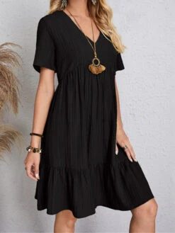 Women's Shift Dress Plain Dress Plain Ruffle V Neck Midi Dress Basic Classic Outdoor Daily Short Sleeve Loose Fit Black Pink Red Summer Spring S M L XL XXL -Slay Clothing Shop 38e90960 8756 4e4d b086 a109de981fe5