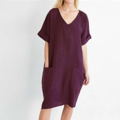 Women's Casual Dress Cotton Linen Dress Midi Dress Linen Cotton Blend Casual Daily Holiday Going Out V Neck Pocket Rolled Cuff Short Sleeve Summer Spring 2023 Loose Fit Black White Wine Pure Color S -Slay Clothing Shop 39532b47 5a54 4b20 bd99 7d9db3c74b67