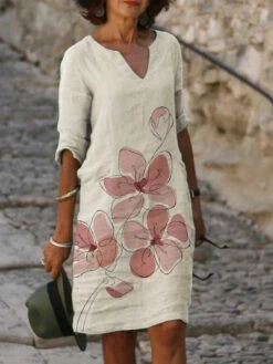 Women's Casual Dress Shift Dress Summer Dress Floral Butterfly Print Split Neck Midi Dress Fashion Modern Outdoor Daily Half Sleeve Regular Fit White Pink Red Summer Spring S M L XL XXL -Slay Clothing Shop 3977db5e 6868 40e2 9587 5994c722ce43