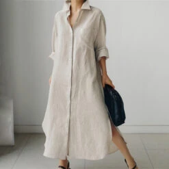 Women's Linen Dress Shirt Dress Casual Dress Maxi Long Dress Winter Dress Daily Holiday Polyester Casual Mature Shirt Collar Button Up Zipper Long Sleeve Summer Spring Loose Fit Pure Color