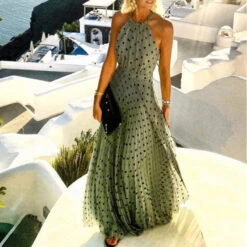 Women's Casual Dress Swing Dress Polka Dot Dress Long Dress Maxi Dress Chiffon Dress Pleated Green Black Blue Sleeveless Print Spring Summer Halter Neck Vacation Beach Daily 2023 S M L XL