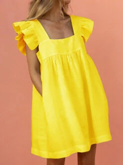 Women's Casual Dress Cotton Linen Dress Shift Dress Mini Dress Cotton Blend Fashion Basic Outdoor Daily Square Neck Ruched Ruffle Sleeveless Summer Spring 2023 Regular Fit White Yellow Red Pure Color