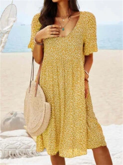 Women's Casual Dress Floral Dress Boho Dress Floral Print Square Neck Midi Dress Active Fashion Outdoor Daily Short Sleeve Regular Fit Yellow Red Dark Blue Summer Spring S M L XL XXL -Slay Clothing Shop 3b831017 aa30 438b b15f cd8bdd21689d