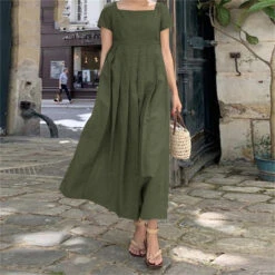 Women's Casual Dress Cotton Summer Dress Maxi Dress Linen Ruched Smocked Basic Casual Daily Date Square Neck Short Sleeve Summer Spring Army Green Navy Blue Pure Color -Slay Clothing Shop 3ca34f67 d129 49e9 a329 db70c566f806
