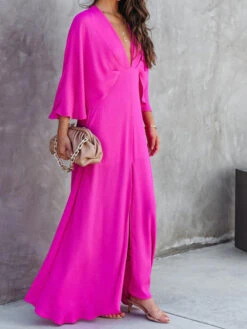 Women's Long Dress Maxi Dress Party Dress Swing Dress Pure Color Fashion Elegant Dress Party Date Vacation Split 3/4 Length Sleeve V Neck Dress Regular Fit Dark Pink Fall XS S M L XL -Slay Clothing Shop 3e0ded61 24ac 4bdb 8482 1414f42fdd2a