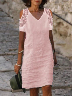 Women's White Dress Lace Dress White Cotton Dress Midi Dress Linen Lace Patchwork Basic Casual Daily V Neck Short Sleeve Summer Spring Black White Pure Color -Slay Clothing Shop 3e2d8c00 2e0c 4649 a7d4 bcee27493361