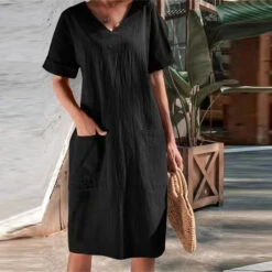Women's Casual Dress Cotton Linen Dress Midi Dress Linen Cotton Blend Casual Daily Holiday Going Out V Neck Pocket Rolled Cuff Short Sleeve Summer Spring 2023 Loose Fit Black White Wine Pure Color S -Slay Clothing Shop 3eadf321 8fe7 401b abf4 a878d1c16d43