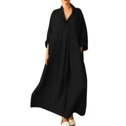 Women's Black Dress Cotton Summer Dress Maxi Dress Pocket Casual Home Daily Shirt Collar Long Sleeve Summer Spring Fall Black Pink Pure Color