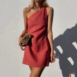 Women's Casual Dress Linen Dress Shift Dress Mini Dress Black White Red Sleeveless Pure Color Backless Spring Summer One Shoulder Vacation 2023 XS S M L XL XXL