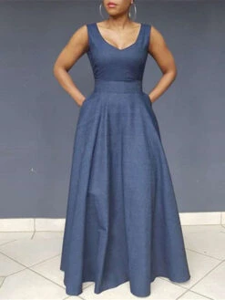 Women's Denim Dress Casual Dress Swing Dress Maxi Long Dress Denim Fashion Elegant Outdoor Daily Crew Neck Ruched Pocket Sleeveless Summer Spring 2023 Regular Fit Black Blue Plain S M L XL 2XL