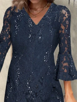 Women's Party Dress Sequin Dress Lace Dress Midi Dress Navy Blue 3/4 Length Sleeve Pure Color Lace Summer Spring Fall V Neck Fashion Wedding Guest Vacation Summer Dress 2023 S M L XL 2XL 3XL -Slay Clothing Shop 40d75c68 9dc9 4b27 b687 3dabbcf867fe