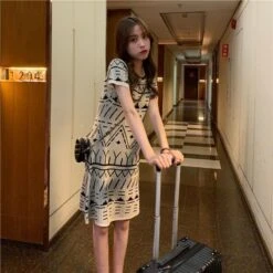 2023 Korean Version Of The New Cute Little Fragrant Style Pullover Short-Sleeved Knitted Skirt Geometric Pattern Temperament Dress -Slay Clothing Shop 40eb5055 12c5 48fa 852b 493a7f53f929