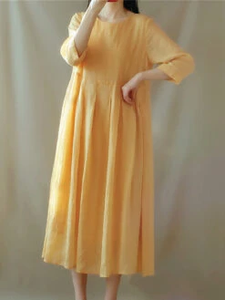 Women's Casual Dress Cotton Linen Dress Swing Dress Midi Dress Cotton Blend Basic Casual Outdoor Daily Vacation Crew Neck Ruched Pocket 3/4 Length Sleeve Summer Spring 2023 Loose Fit Yellow Gray Plain -Slay Clothing Shop 41327bd1 3df2 47f5 83f3 fd5f31f4c90f