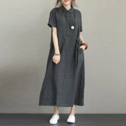 Women's Casual Dress Cotton Linen Dress A Line Dress Maxi Long Dress Linen Cotton Blend Casual Outdoor Daily Vacation Shirt Collar Pocket Rolled Cuff Short Sleeve Summer Spring 2023 Loose Fit Black -Slay Clothing Shop 43ac5159 6eaf 443e 9da6 e342c589236c