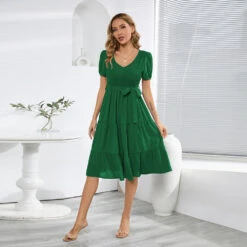A-Line Cocktail Dresses Elegant Dress Wedding Guest Cocktail Party Knee Length Short Sleeve Jewel Neck Belt / Sash Spandex With Pleats Ruched 2024 -Slay Clothing Shop 44da1aa5 84f7 45b8 88ec a1aba5fbf16a