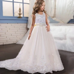 Kids Little Girls' Dress Lace Floral Princess Party Formal Evening Wedding Pageant Embroidery Bow White Purple Red Tulle Maxi Sleeveless Elegant Vintage Ball Gown Dresses Fit 4-13 Years