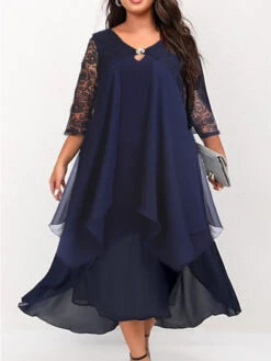 Women's Plus Size Work Dress Chiffon Dress Swing Dress Solid Color Long Dress Maxi Dress 3/4 Length Sleeve Lace Layered V Neck Fashion Outdoor Wine Dark Blue Summer Spring L XL XXL 3XL 4XL