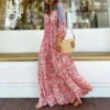 Women's Floral Ruched Print V Neck Maxi Long Dress Daily 3/4 Length Sleeve Fall Winter