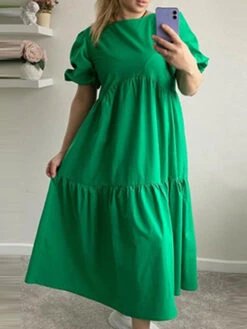 Women's Casual Dress Summer Dress Plain Dress Plain Ruched Crew Neck Puff Sleeve Midi Dress Fashion Modern Outdoor Daily Short Sleeve Regular Fit White Fuchsia Green Summer Spring S M L XL XXL -Slay Clothing Shop 465f9a18 df28 4b57 b77d c04625620f08