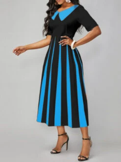 Women's Work Dress Semi Formal Dress A Line Dress Fashion Midi Dress Print Shirt Collar Short Sleeve Color Block Stripe Regular Fit Black Wine Royal Blue Summer Spring S M L XL XXL -Slay Clothing Shop 46a2df96 a174 4145 8dd0 152670678ad5
