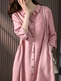 Women's Shirt Dress Casual Dress Cotton Linen Dress Midi Dress Cotton Blend Basic Casual Daily Vacation Shirt Collar Button Pocket 3/4 Length Sleeve Summer Spring Fall 2023 Loose Fit Pink Green Pure -Slay Clothing Shop 4833f72a 570f 4517 a9d3 87f046e6cb1d