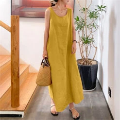 Women's Casual Dress Cotton Summer Dress Maxi Dress Linen Pocket Basic Casual Daily Crew Neck Sleeveless Summer Spring Yellow Pink Pure Color -Slay Clothing Shop 48461f12 082c 40f8 836e c867b5f3841c