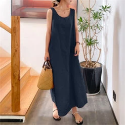 Women's Casual Dress Cotton Summer Dress Maxi Dress Linen Pocket Basic Casual Daily Crew Neck Sleeveless Summer Spring Yellow Pink Pure Color