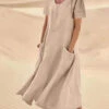Women's Cotton Linen Maxi Dress Swing Crew Neck Short Sleeve Pockets Summer Spring Loose Fit Plain Pink Sky Blue Khaki