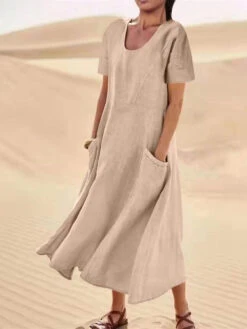 Women's Cotton Linen Maxi Dress Swing Crew Neck Short Sleeve Pockets Summer Spring Loose Fit Plain Pink Sky Blue Khaki