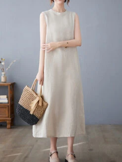 Women's Casual Dress Cotton Linen Dress A Line Dress Midi Dress Linen Cotton Blend Basic Modern Outdoor Daily Vacation Stand Collar Pocket Sleeveless Summer Spring 2023 Loose Fit Navy Blue Apricot