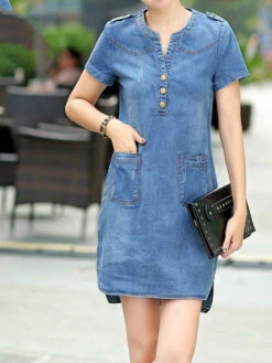Women's Denim Dress Sheath Dress Mini Dress Denim Basic Fashion Outdoor Daily Vacation V Neck Button Pocket Short Sleeve Summer Spring 2023 Regular Fit Navy Blue Sky Blue Plain S M L XL 2XL