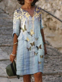 Women's Casual Dress Shift Dress Summer Dress Floral Butterfly Print Split Neck Midi Dress Fashion Modern Outdoor Daily Half Sleeve Regular Fit White Pink Red Summer Spring S M L XL XXL -Slay Clothing Shop 4ac657a8 a068 44f4 a7b4 133916b426ab