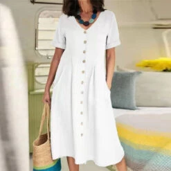 Women's Casual Dress Cotton Linen Dress A Line Dress Maxi Long Dress Cotton Blend Basic Elegant Outdoor Daily Vacation V Neck Button Pocket Short Sleeve Summer Spring Fall 2023 Regular Fit Black