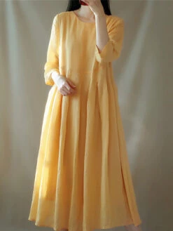 Women's Casual Dress Cotton Linen Dress Swing Dress Midi Dress Cotton Blend Basic Casual Outdoor Daily Vacation Crew Neck Ruched Pocket 3/4 Length Sleeve Summer Spring 2023 Loose Fit Yellow Gray Plain -Slay Clothing Shop 4c38dd27 bc4b 4d10 b7e9 955f9623edc2