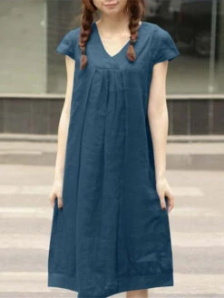 Women's Cotton Linen Dress Casual Dress Midi Dress Cotton Blend Fashion Modern Outdoor Daily Vacation V Neck Ruched Short Sleeve Summer Spring 2023 Loose Fit ArmyGreen Wine Royal Blue Plain S M L XL