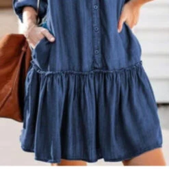 Women's Denim Dress Denim Shirt Dress Midi Dress Cotton Denim Casual Outdoor Winter Dress Daily V Neck Ruched Pocket Long Sleeve Summer Spring Fall 2023 Loose Fit Blue Pure Color S M L XL XXL -Slay Clothing Shop 4c7a4fc9 29cc 4c7d b5c1 7ba802a1019f
