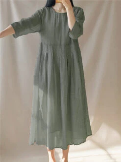 Women's Casual Dress Cotton Linen Dress Swing Dress Midi Dress Cotton Blend Basic Casual Outdoor Daily Vacation Crew Neck Ruched Pocket 3/4 Length Sleeve Summer Spring 2023 Loose Fit Yellow Gray Plain -Slay Clothing Shop 4ca54e6e d173 4b94 9341 acd153a03084