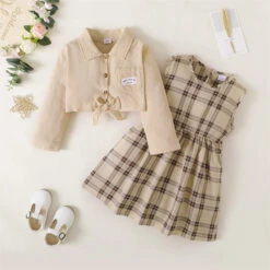 2 Pieces Toddler Girls' Plaid Pocket Dress Set Set Long Sleeve Fashion Outdoor 3-7 Years Summer Khaki