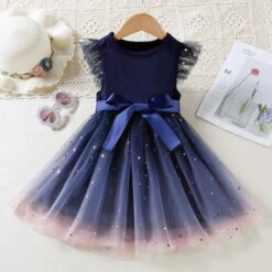 Kids Little Girls' Dress Solid Colored A Line Dress Daily Sequins Ruched Drawstring Navy Blue Midi Short Sleeve Princess Cute Dresses Spring Summer Regular Fit 2-8 Years