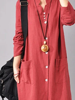 Women's Cotton Linen Dress Casual Dress Mini Dress Cotton Blend Basic Casual Outdoor Daily Vacation V Neck Button Pocket Long Sleeve Spring Fall Autumn 2023 Loose Fit Yellow Red Navy Blue Pure Color -Slay Clothing Shop 4d63906c 30b5 4ee5 ad8d c689d5281355