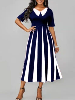 Women's Work Dress Semi Formal Dress A Line Dress Fashion Midi Dress Print Shirt Collar Short Sleeve Color Block Stripe Regular Fit Black Wine Royal Blue Summer Spring S M L XL XXL -Slay Clothing Shop 4e816ef4 2d19 4302 93c8 f5ac11f24869