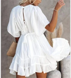 Women's Casual Dress Swing Dress White Dress Mini Dress White Green Short Sleeve Pure Color Lace Up Summer Spring Deep V Vacation 2023 S M L XL XXL 3XL -Slay Clothing Shop 4e8a0be1 1d34 4b64 a807 3e2f04030266